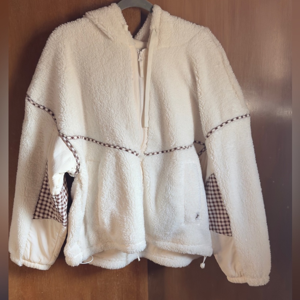 JoyLab Cream Sherpa Zip Hoodie with Gingham Trim - Picture 3 of 6